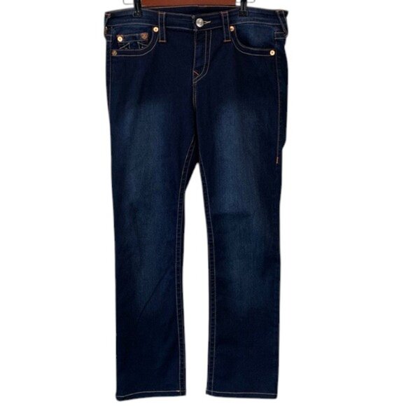 True Religion Women’s 33 Billie Mid Rise Straight Leg Blue Minimal Denim Jeans - Picture 1 of 13